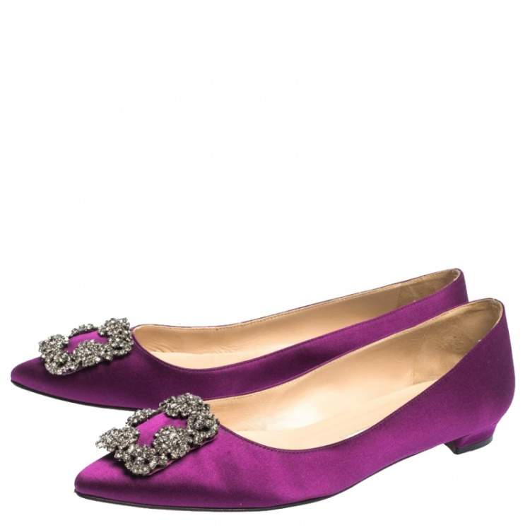 Pre Owned Manolo Blahnik Purple Satin Hangisi Crystal Embellished Ballet Flats Size 39