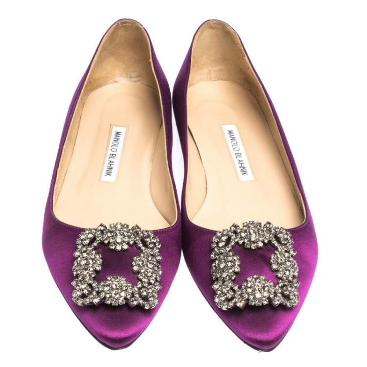 Pre Owned Manolo Blahnik Purple Satin Hangisi Crystal Embellished Ballet Flats Size 39