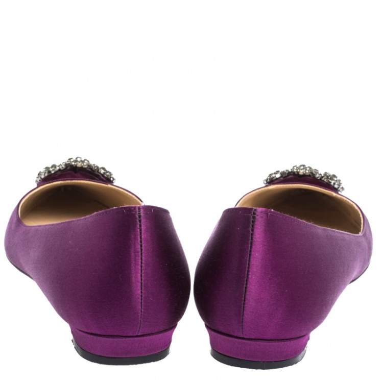 Pre Owned Manolo Blahnik Purple Satin Hangisi Crystal Embellished Ballet Flats Size 39
