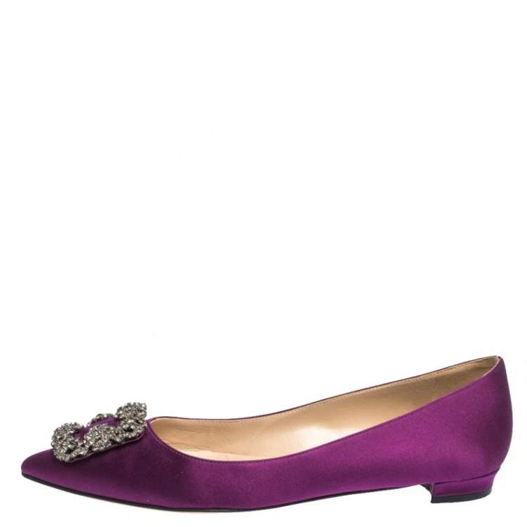 Pre Owned Manolo Blahnik Purple Satin Hangisi Crystal Embellished Ballet Flats Size 39