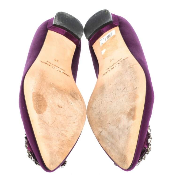 Pre Owned Manolo Blahnik Purple Satin Hangisi Crystal Embellished Ballet Flats Size 39