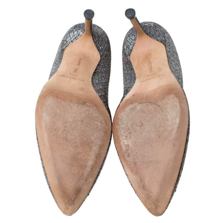 Pre Owned Manolo Blahnik Silver Glitter Fabric Hangisi Crystal Embellished Pumps Size 39.5