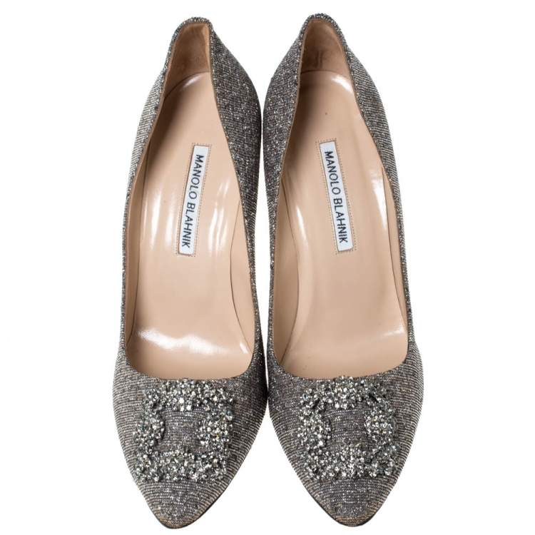 Pre Owned Manolo Blahnik Silver Glitter Fabric Hangisi Crystal Embellished Pumps Size 39.5