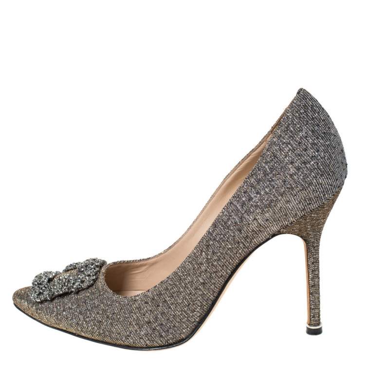 Pre Owned Manolo Blahnik Silver Glitter Fabric Hangisi Crystal Embellished Pumps Size 39.5