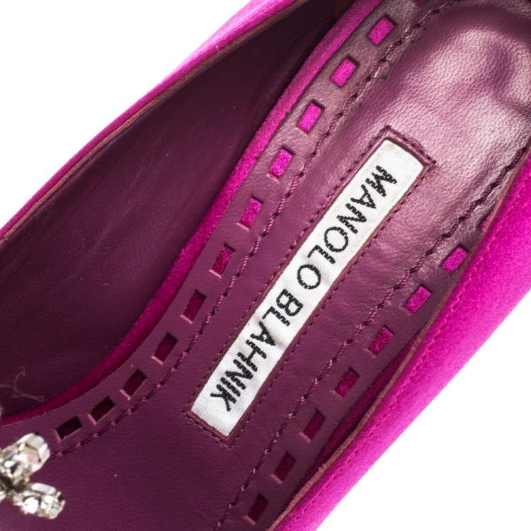 Pre Owned Manolo Blahnik Magenta Satin Jewel Embellished Shufti Pumps Size 37.5