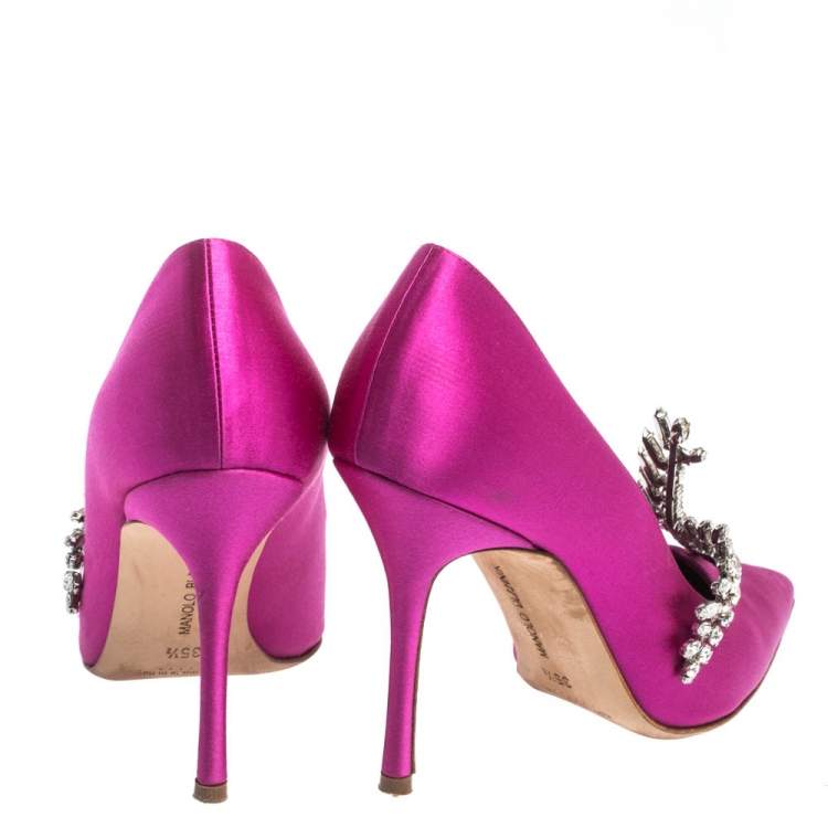 Pre Owned Manolo Blahnik Magenta Satin Jewel Embellished Shufti Pumps Size 37.5