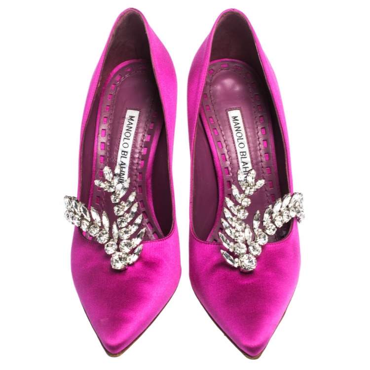 Pre Owned Manolo Blahnik Magenta Satin Jewel Embellished Shufti Pumps Size 37.5