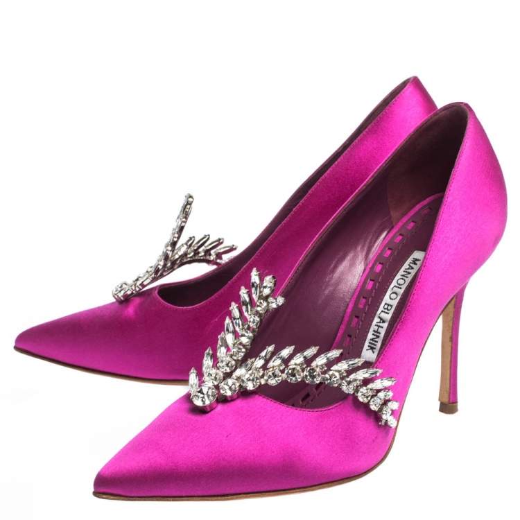 Pre Owned Manolo Blahnik Magenta Satin Jewel Embellished Shufti Pumps Size 37.5