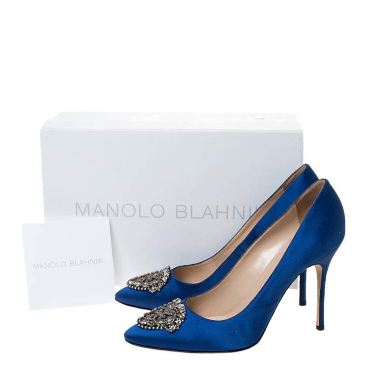 Pre Owned Manolo Blahnik Blue Satin Okkato Crystal Embellished Pumps Size 39.5