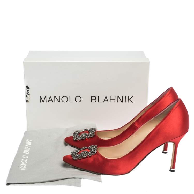 Pre Owned Manolo Blahnik Red Satin Hangisi Embellished Pointed Toe Pumps Size 39.5