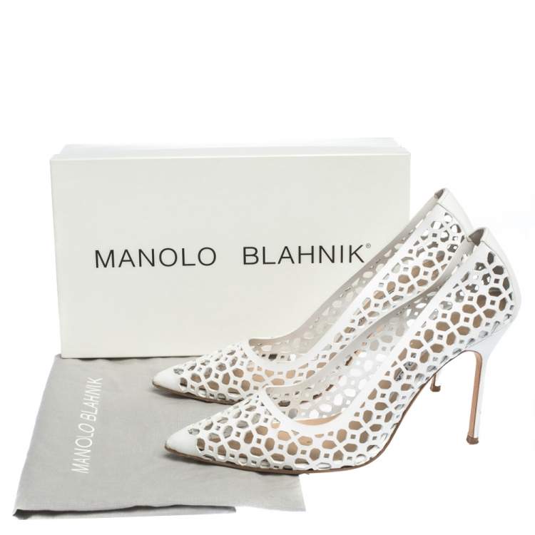 Pre Owned Manolo Blahnik White Laser Cut Leather BB Laserato Pumps Size 39.5