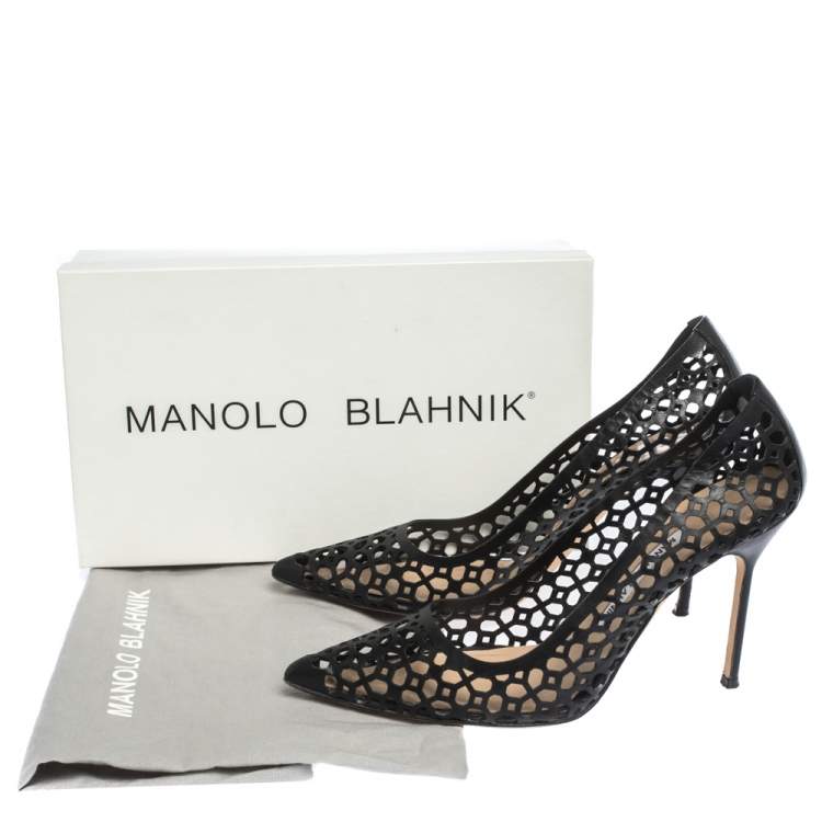 Pre Owned Manolo Blahnik Black Laser Cut Leather Pointed Toe Pumps Size 39.5