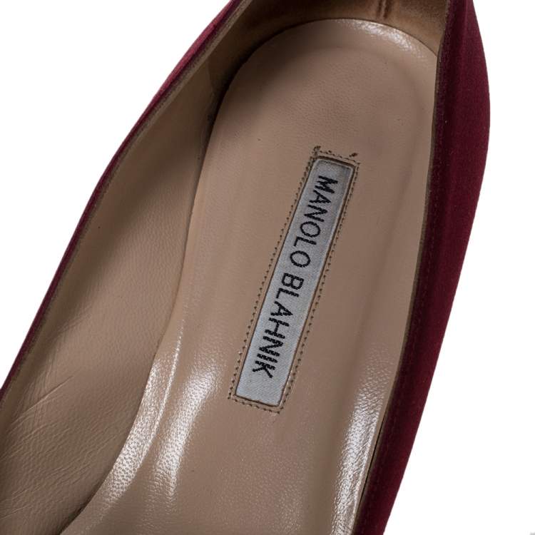 Pre Owned Manolo Blahnik Burgundy Satin Hangisi Crystal Embellished Pointed Toe Pumps Size 39.5