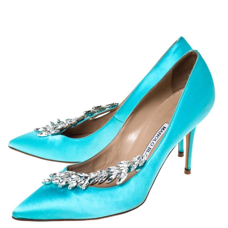 Pre Owned Manolo Blahnik Blue Satin Nadira Crystal Embellished Pointed Toe Pumps Size 36.5