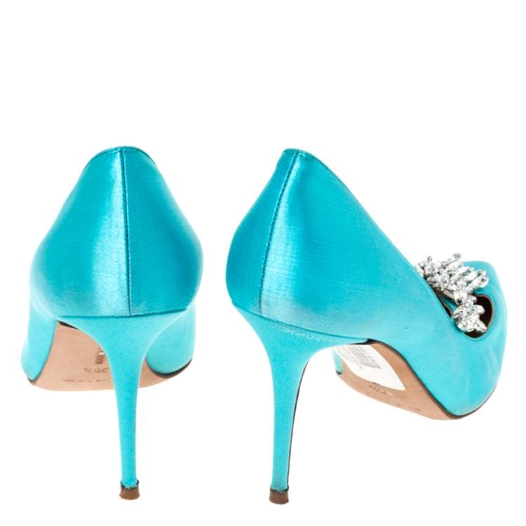 Pre Owned Manolo Blahnik Blue Satin Nadira Crystal Embellished Pointed Toe Pumps Size 36.5