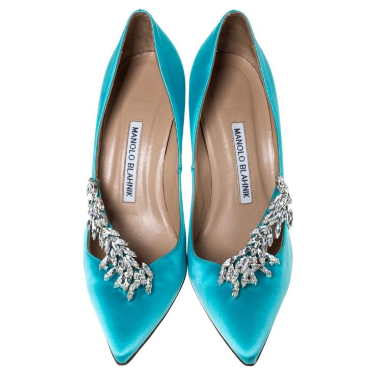 Pre Owned Manolo Blahnik Blue Satin Nadira Crystal Embellished Pointed Toe Pumps Size 36.5