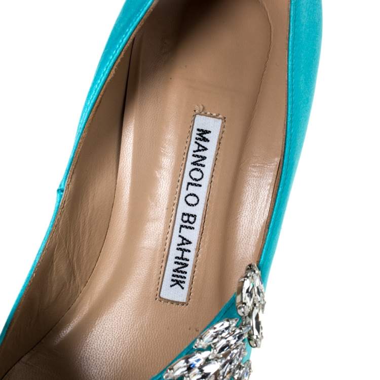 Pre Owned Manolo Blahnik Blue Satin Nadira Crystal Embellished Pointed Toe Pumps Size 36.5