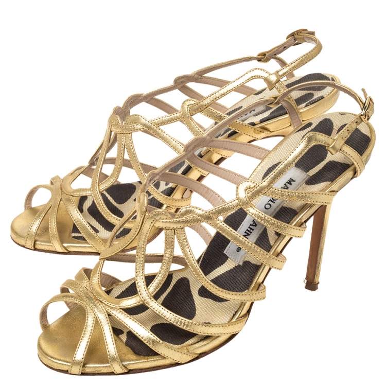 Pre Owned Manolo Blahnik Metallic Gold Leather Strappy Sandals Size 36.5 
