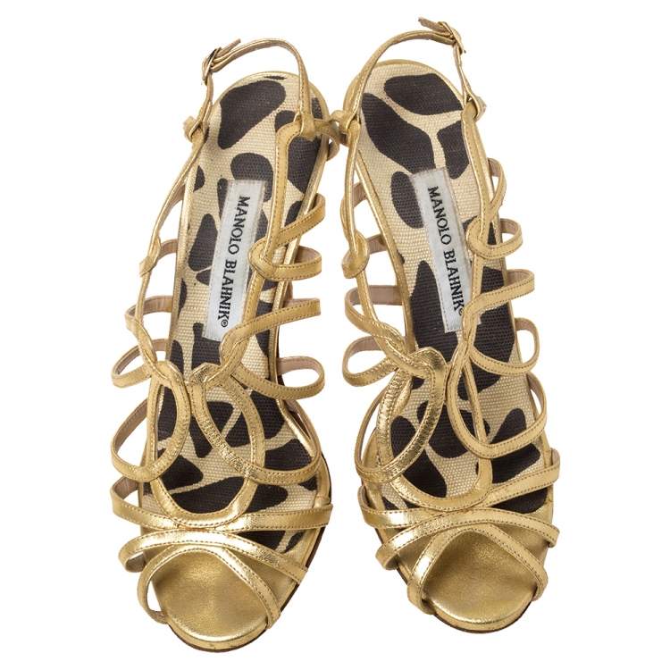 Pre Owned Manolo Blahnik Metallic Gold Leather Strappy Sandals Size 36.5 