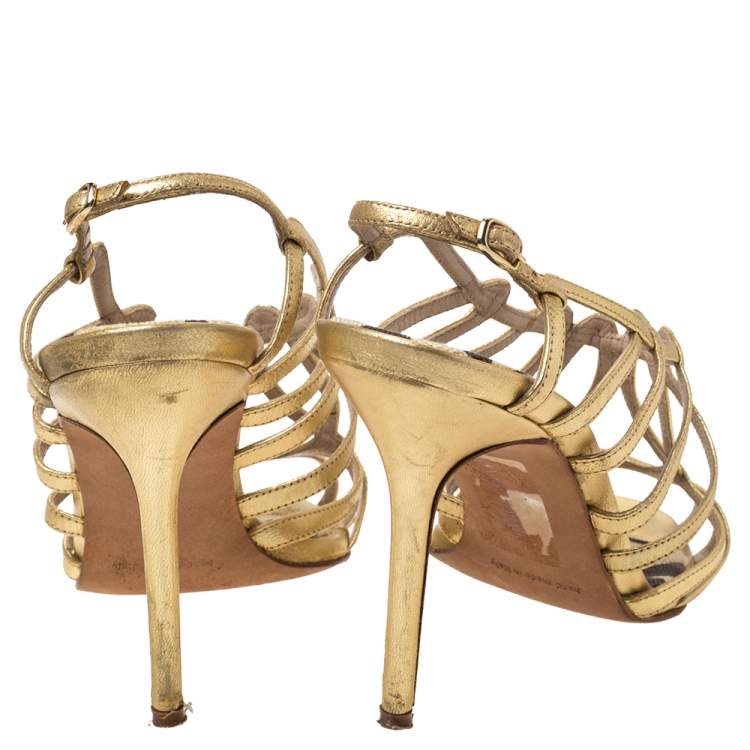 Pre Owned Manolo Blahnik Metallic Gold Leather Strappy Sandals Size 36.5 