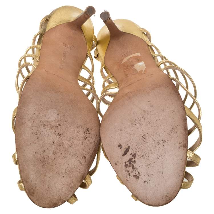 Pre Owned Manolo Blahnik Metallic Gold Leather Strappy Sandals Size 36.5 