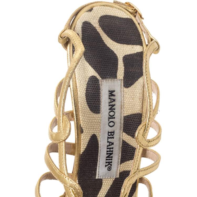 Pre Owned Manolo Blahnik Metallic Gold Leather Strappy Sandals Size 36.5 
