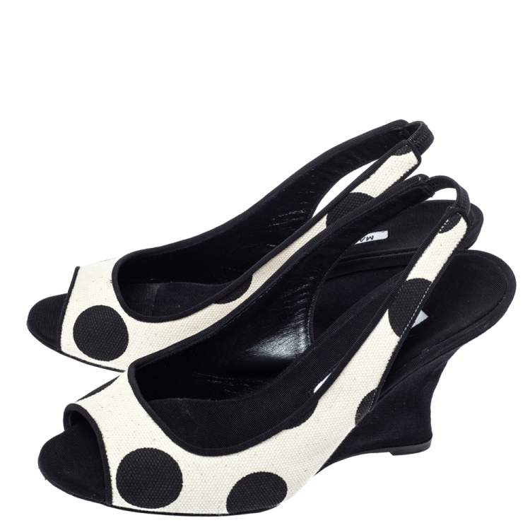Pre Owned Manolo Blahnik Black/White Canvas Wedge Slingback Sandals Size 38