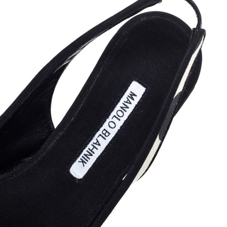 Pre Owned Manolo Blahnik Black/White Canvas Wedge Slingback Sandals Size 38