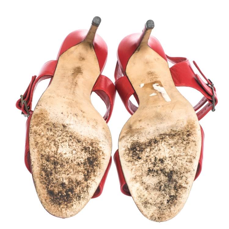 Pre Owned Manolo Blahnik Red Leather Bakhita Double Buckle Strappy Sandals 40
