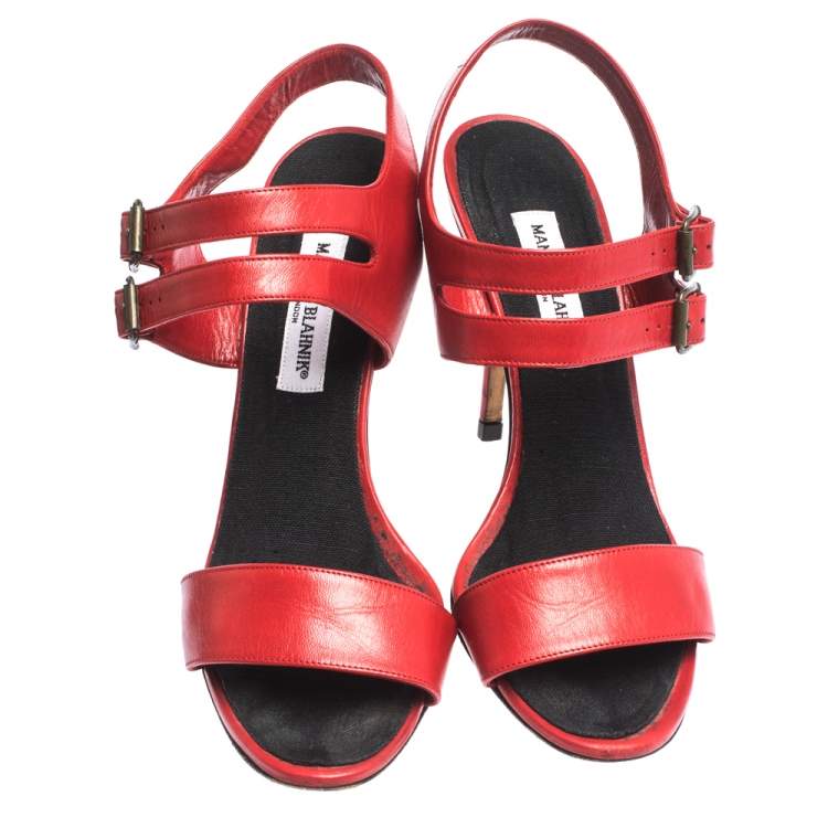 Pre Owned Manolo Blahnik Red Leather Bakhita Double Buckle Strappy Sandals 40