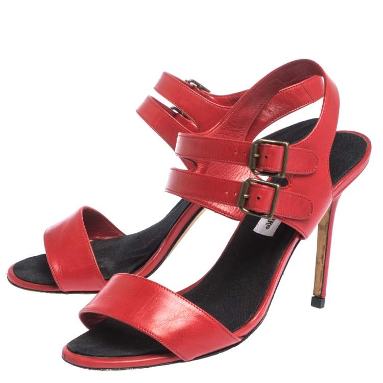 Pre Owned Manolo Blahnik Red Leather Bakhita Double Buckle Strappy Sandals 40
