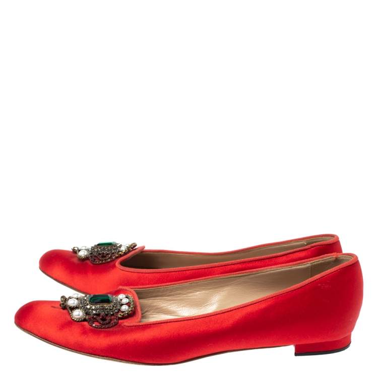 Pre Owned Manolo Blahnik Red Satin Eufrasia Ballet Flat Size 37.5