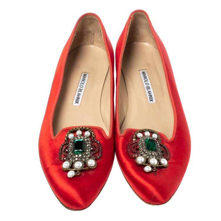 Pre Owned Manolo Blahnik Red Satin Eufrasia Ballet Flat Size 37.5