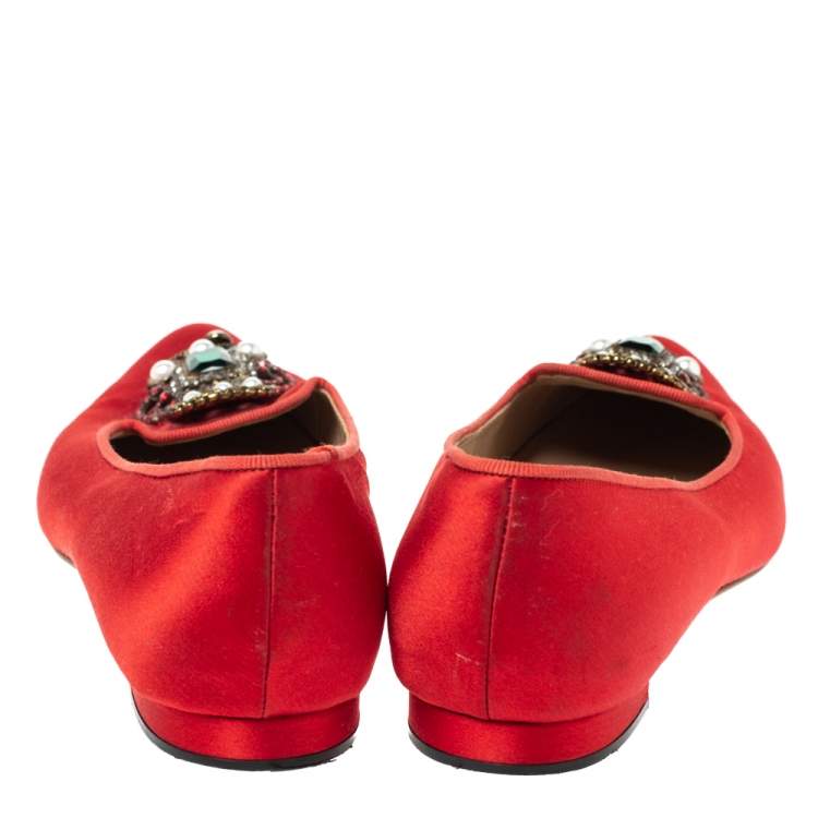 Pre Owned Manolo Blahnik Red Satin Eufrasia Ballet Flat Size 37.5