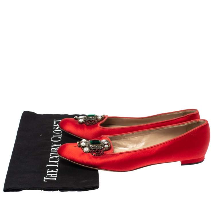 Pre Owned Manolo Blahnik Red Satin Eufrasia Ballet Flat Size 37.5
