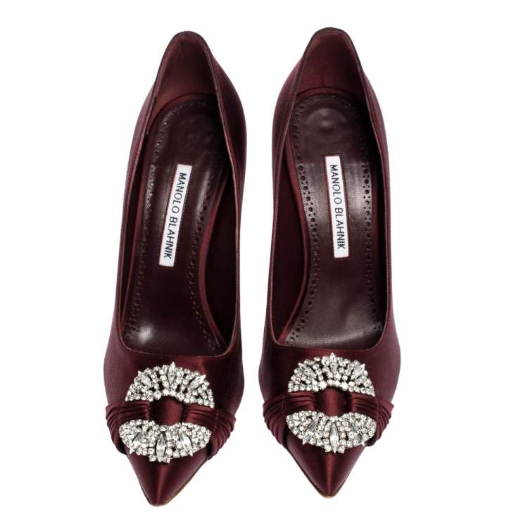 Pre Owned Manolo Blahnik Burgundy Satin Crystal Embellished Pointed Toe Pumps Size 38