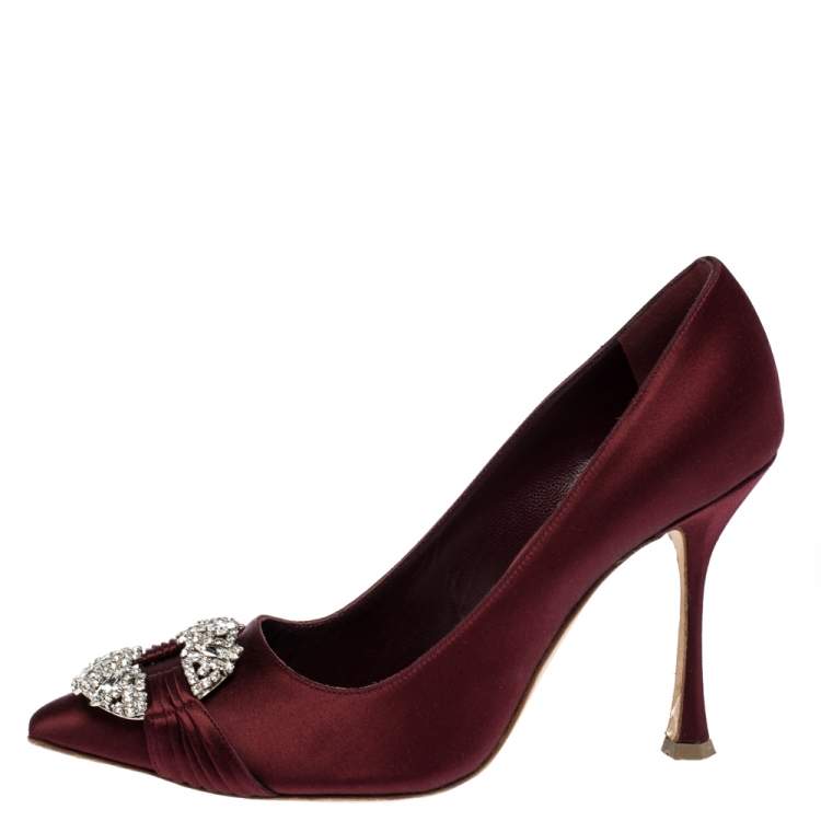 Pre Owned Manolo Blahnik Burgundy Satin Crystal Embellished Pointed Toe Pumps Size 38