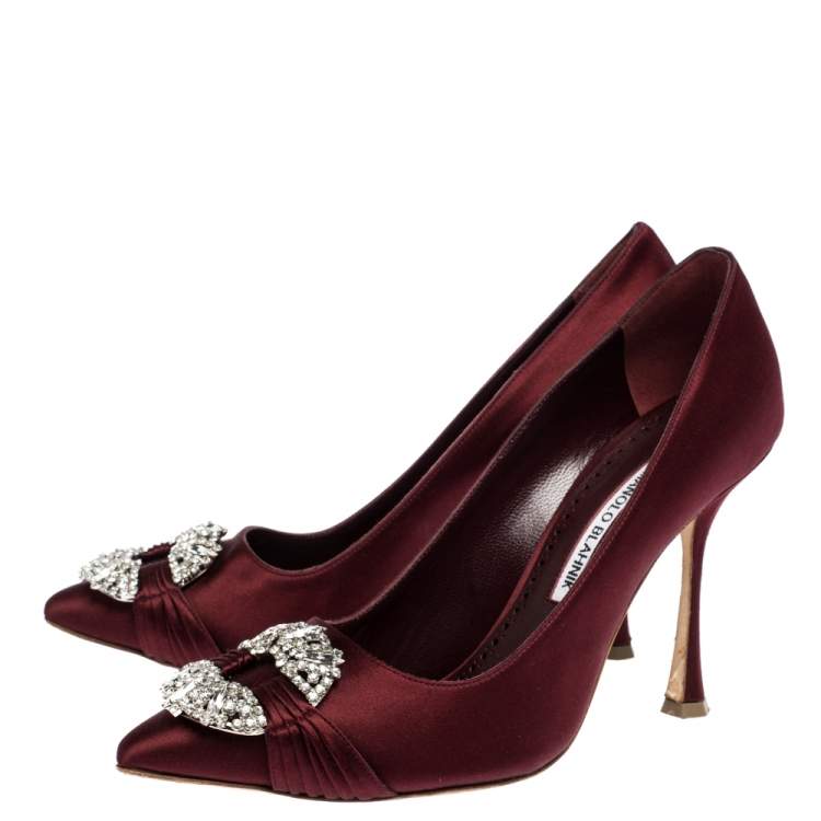 Pre Owned Manolo Blahnik Burgundy Satin Crystal Embellished Pointed Toe Pumps Size 38