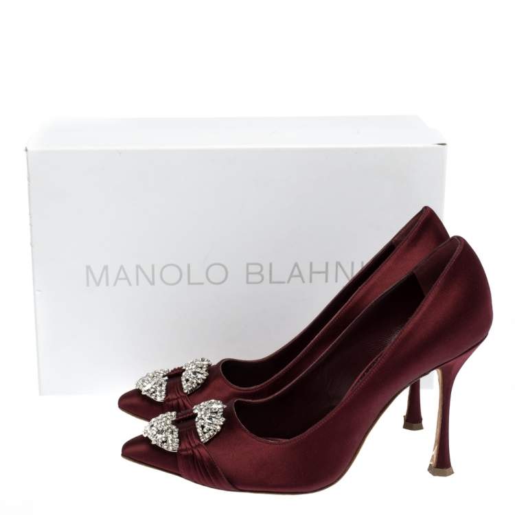 Pre Owned Manolo Blahnik Burgundy Satin Crystal Embellished Pointed Toe Pumps Size 38
