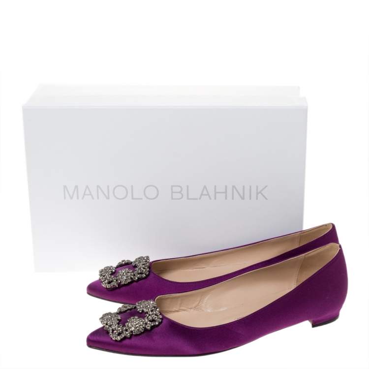 Pre Owned Manolo Blahnik Purple Satin Hangisi Crystal Embellished Ballet Flats Size 37.5