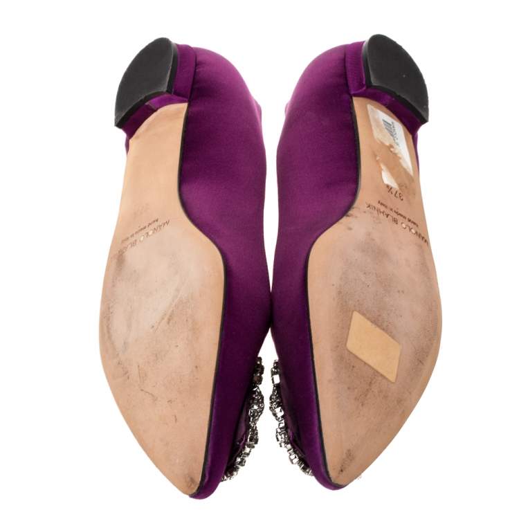 Pre Owned Manolo Blahnik Purple Satin Hangisi Crystal Embellished Ballet Flats Size 37.5
