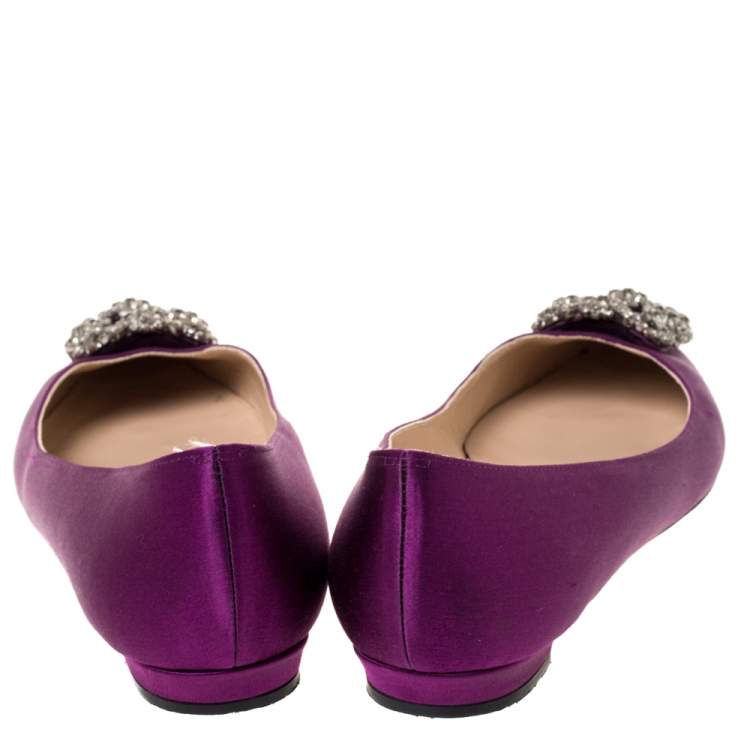 Pre Owned Manolo Blahnik Purple Satin Hangisi Crystal Embellished Ballet Flats Size 37.5