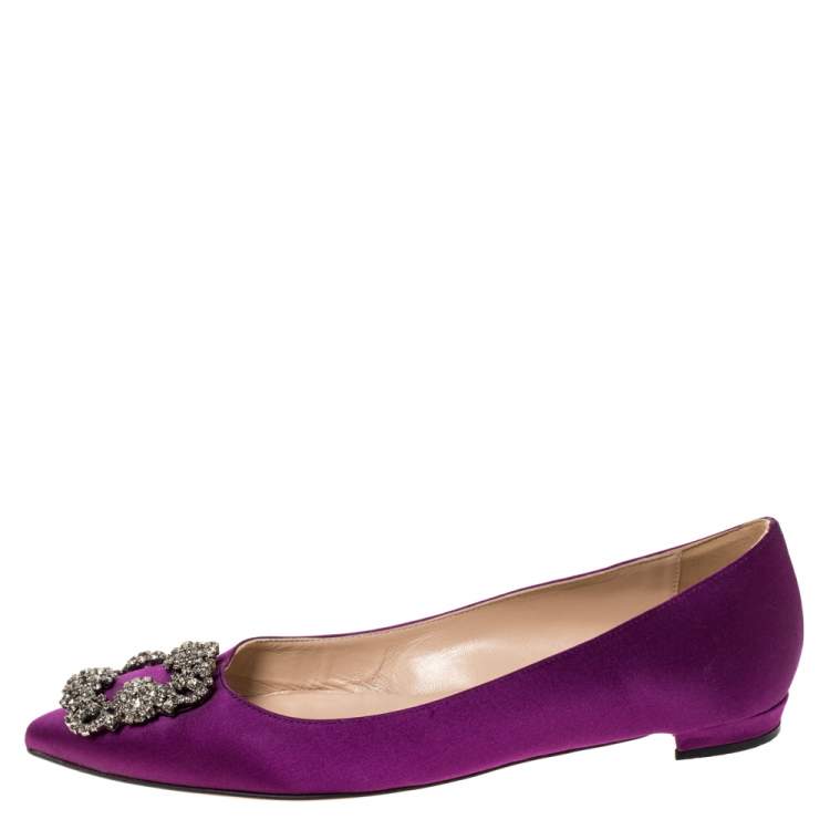 Pre Owned Manolo Blahnik Purple Satin Hangisi Crystal Embellished Ballet Flats Size 37.5