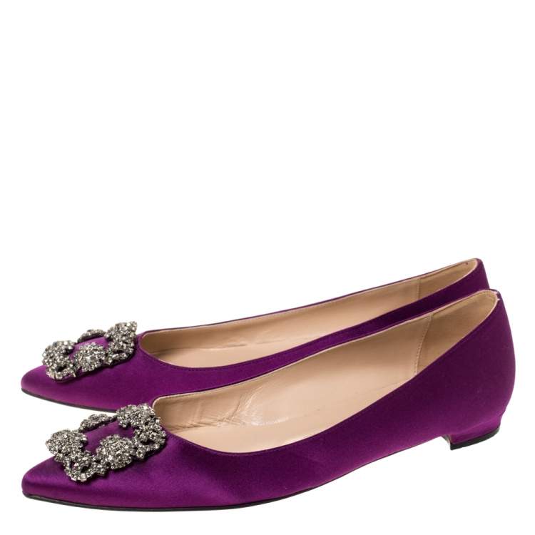 Pre Owned Manolo Blahnik Purple Satin Hangisi Crystal Embellished Ballet Flats Size 37.5