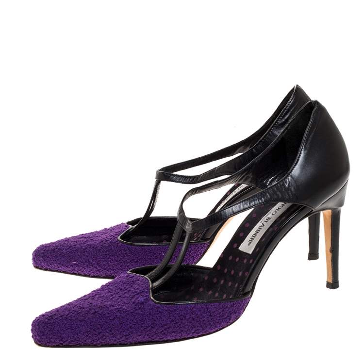 Pre Owned Manolo Blahnik Purple Tweed and Black Leather T-Bar Square Toe Pumps Size 39
