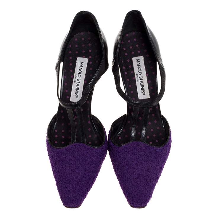Pre Owned Manolo Blahnik Purple Tweed and Black Leather T-Bar Square Toe Pumps Size 39