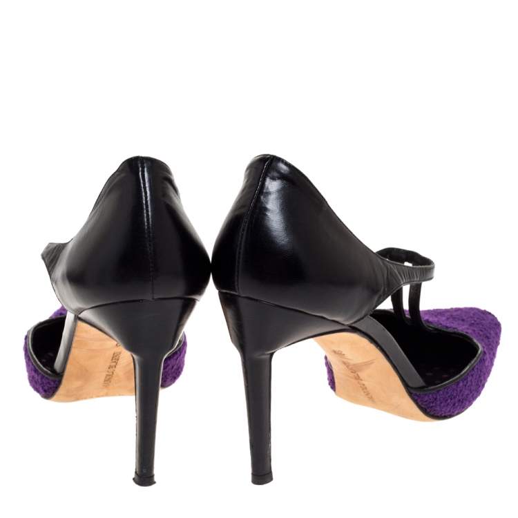 Pre Owned Manolo Blahnik Purple Tweed and Black Leather T-Bar Square Toe Pumps Size 39