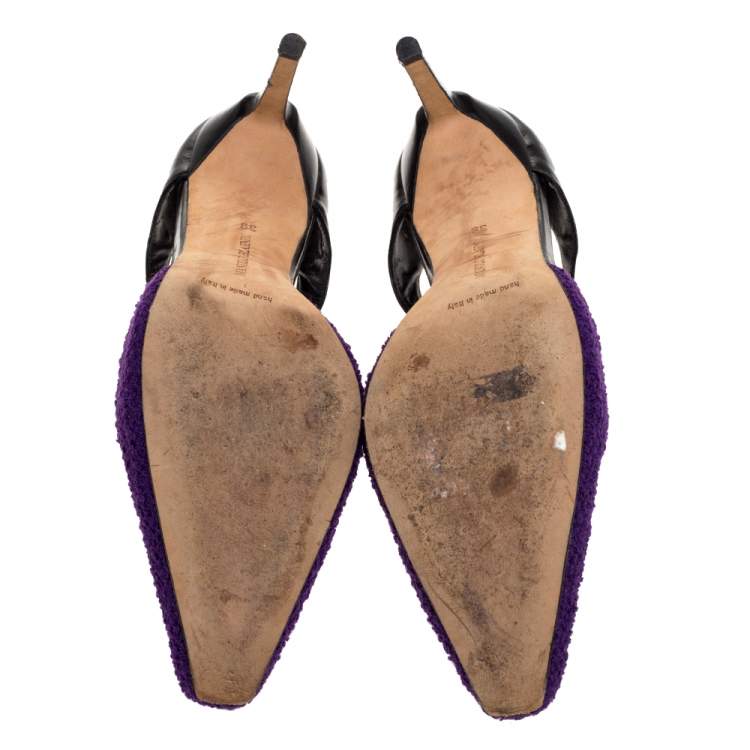 Pre Owned Manolo Blahnik Purple Tweed and Black Leather T-Bar Square Toe Pumps Size 39