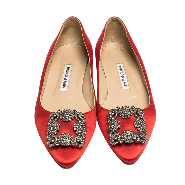 Pre Owned Manolo Blahnik Red Satin Hangisi Crystal Embellished Ballet Flats Size 38.5