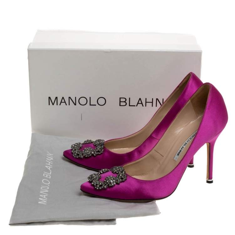 Pre Owned Manolo Blahnik Fuschia Satin Hangisi Crystal Embellished Pumps Size 38.5